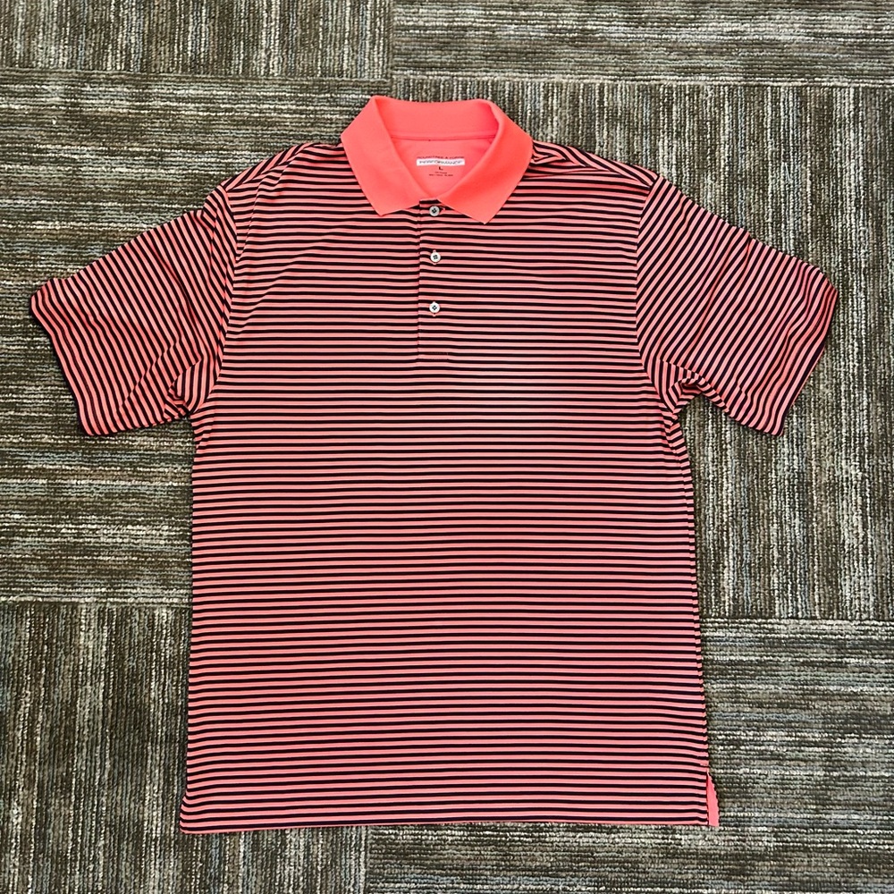 New Roundtree York Performance Polo Mens L Orange Blue Striped Short Sleeve Golf